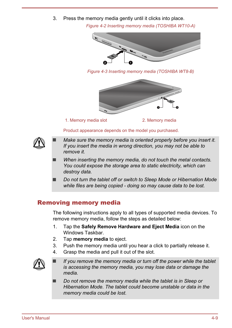 Removing memory media | Toshiba WT8-B User Manual | Page 49 / 94