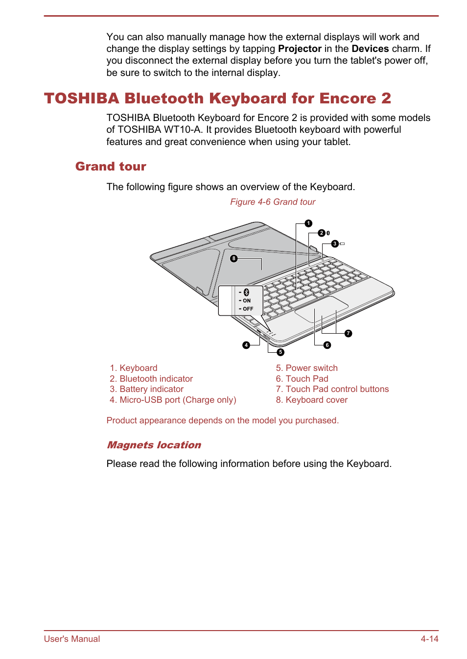 Toshiba bluetooth keyboard for encore 2, Grand tour, Toshiba bluetooth keyboard for encore 2 -14 | Magnets location | Toshiba WT8-B User Manual | Page 54 / 94