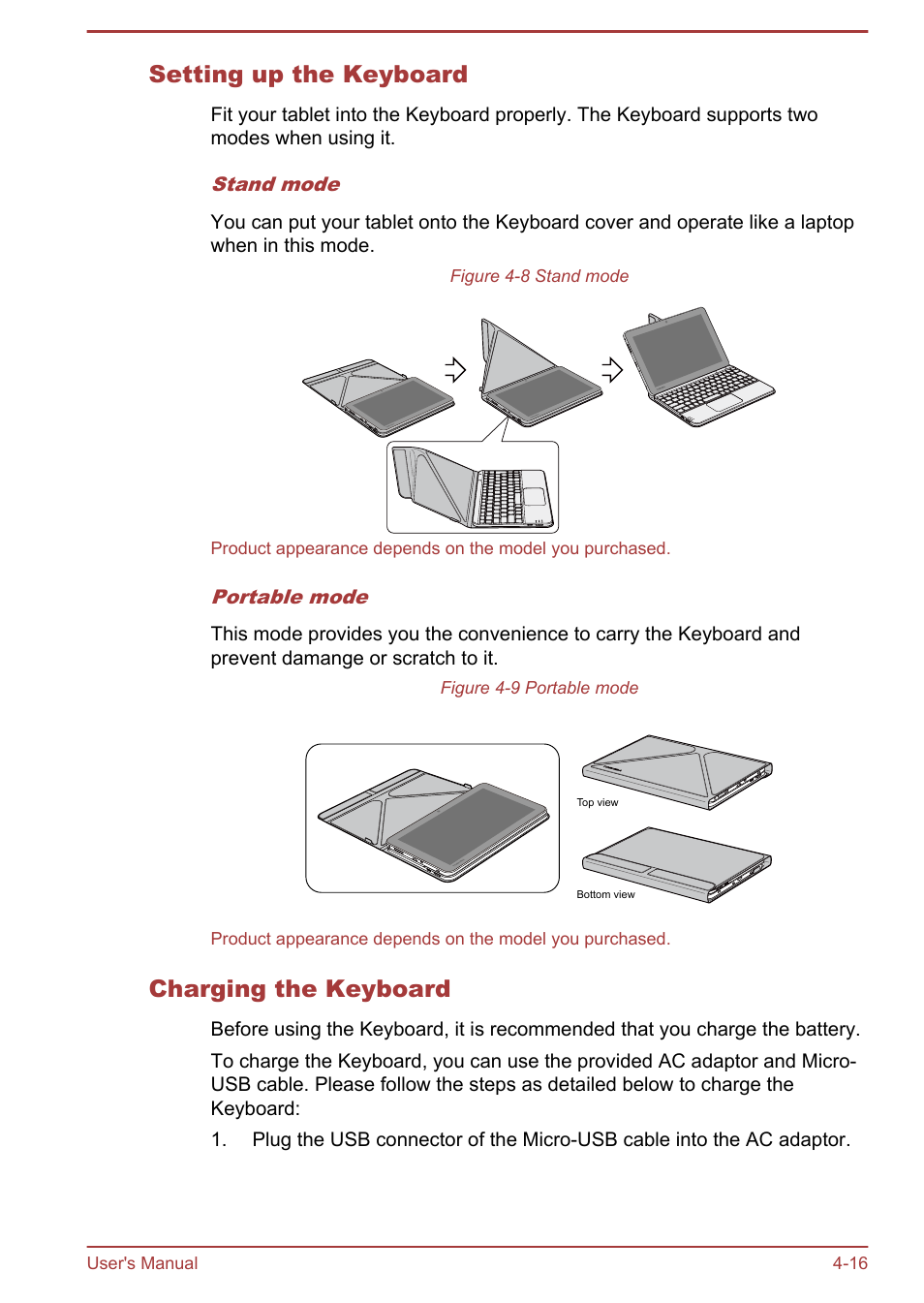 Setting up the keyboard, Charging the keyboard | Toshiba WT8-B User Manual | Page 56 / 94