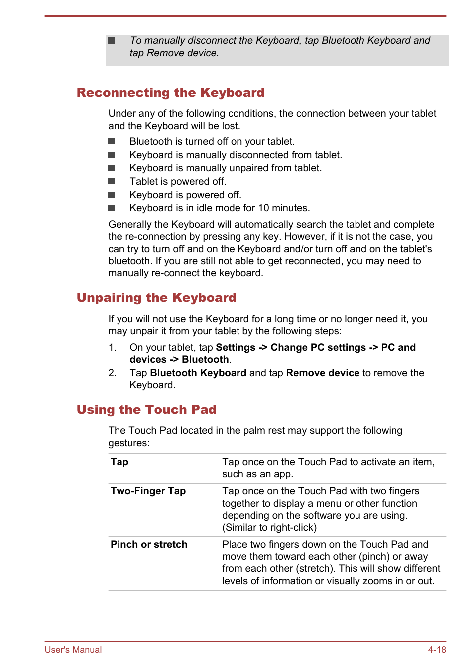 Reconnecting the keyboard, Unpairing the keyboard, Using the touch pad | Toshiba WT8-B User Manual | Page 58 / 94