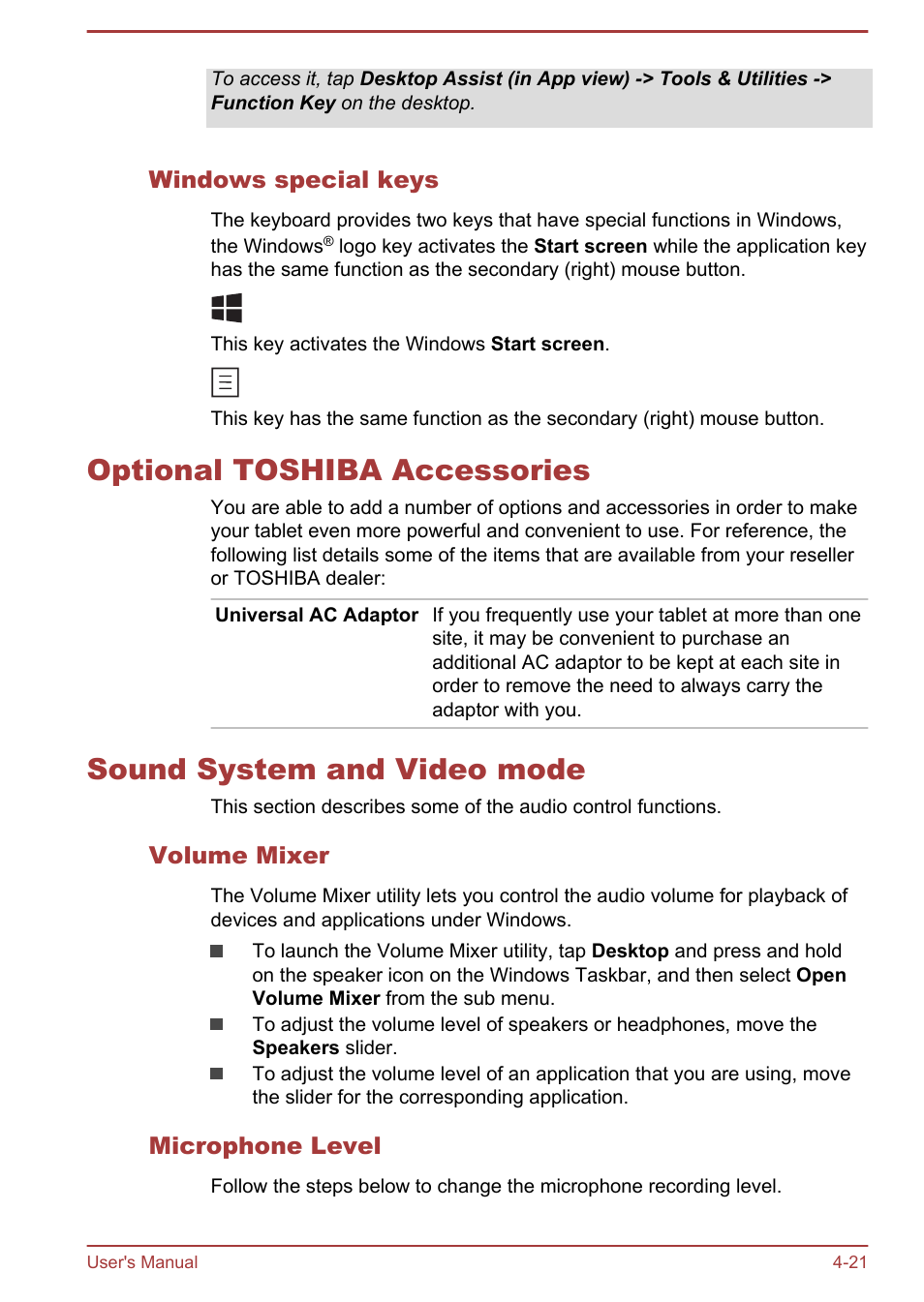 Windows special keys, Optional toshiba accessories, Sound system and video mode | Volume mixer, Microphone level, To the | Toshiba WT8-B User Manual | Page 61 / 94