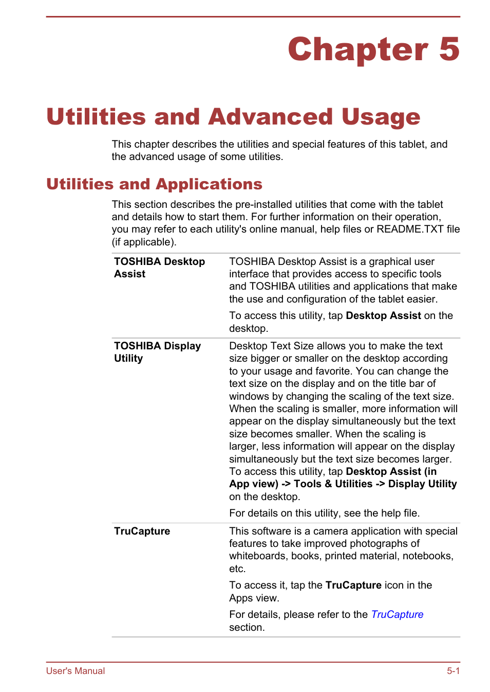 Chapter 5 utilities and advanced usage, Utilities and applications, Chapter 5 | Utilities and advanced usage, Utilities and applications -1 | Toshiba WT8-B User Manual | Page 63 / 94