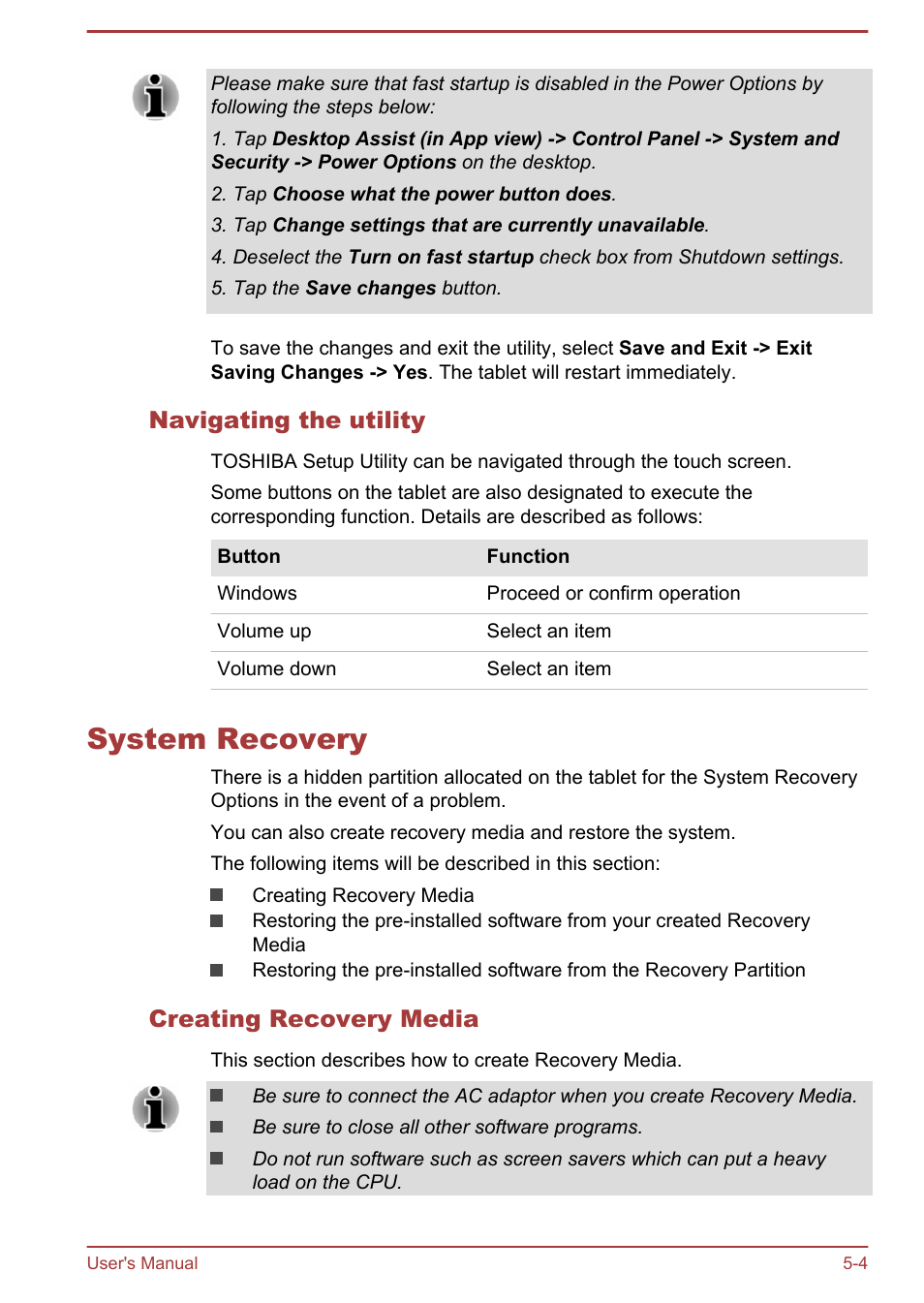 Navigating the utility, System recovery, Creating recovery media | System recovery -4 | Toshiba WT8-B User Manual | Page 66 / 94