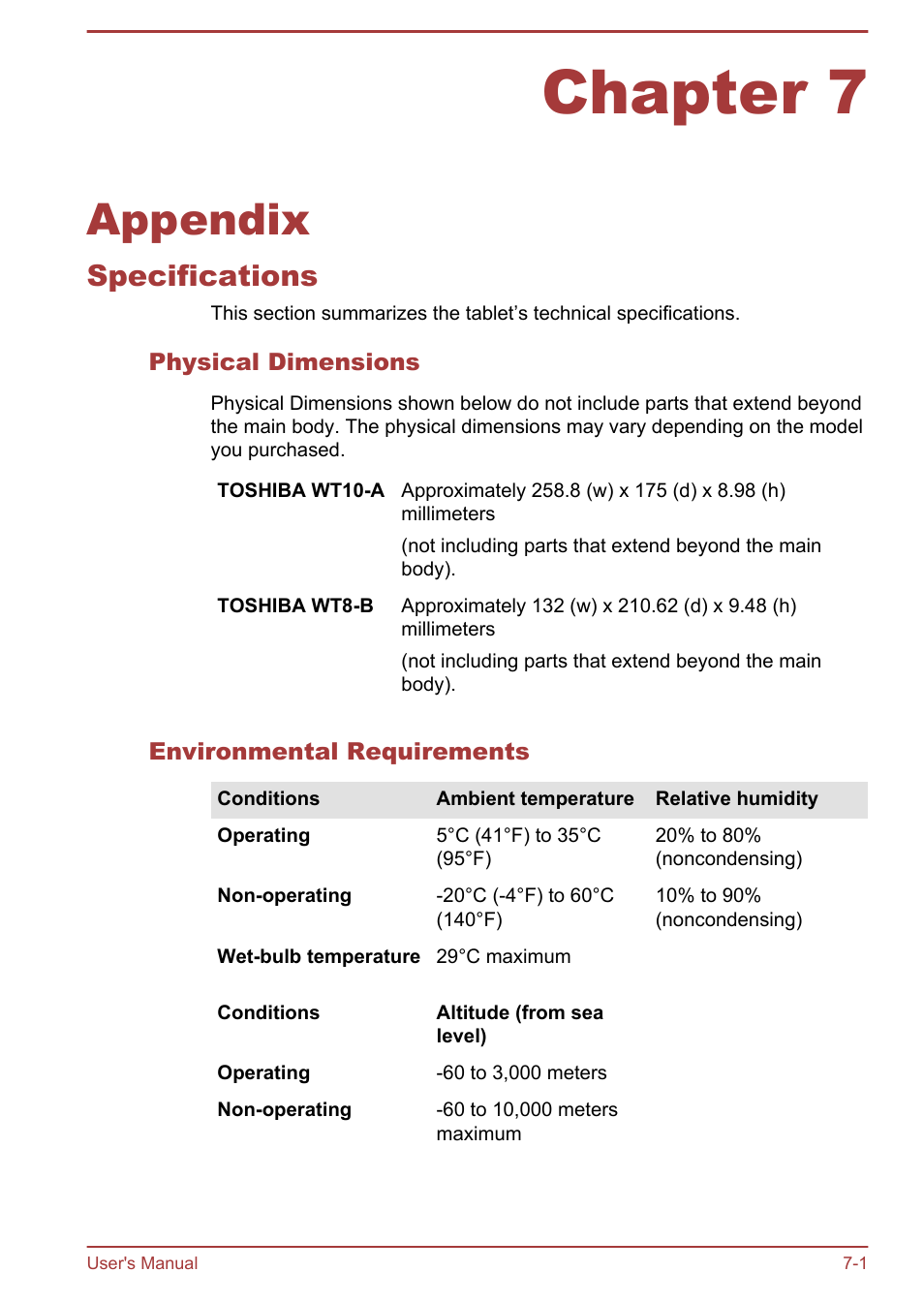 Chapter 7 appendix, Specifications, Physical dimensions | Environmental requirements, Chapter 7, Appendix, Specifications -1 | Toshiba WT8-B User Manual | Page 80 / 94