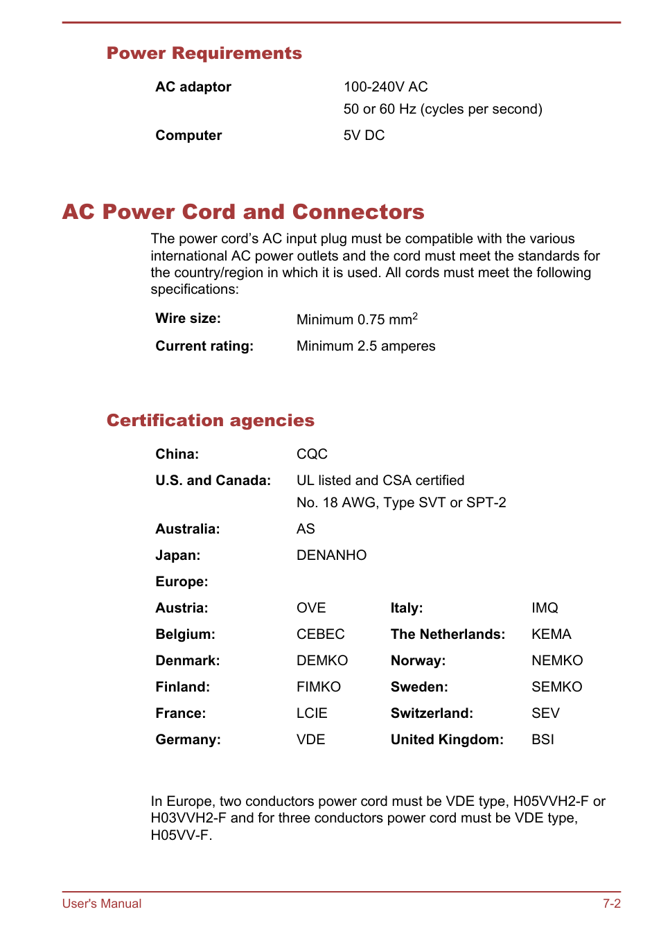 Power requirements, Ac power cord and connectors, Certification agencies | Ac power cord and connectors -2 | Toshiba WT8-B User Manual | Page 81 / 94