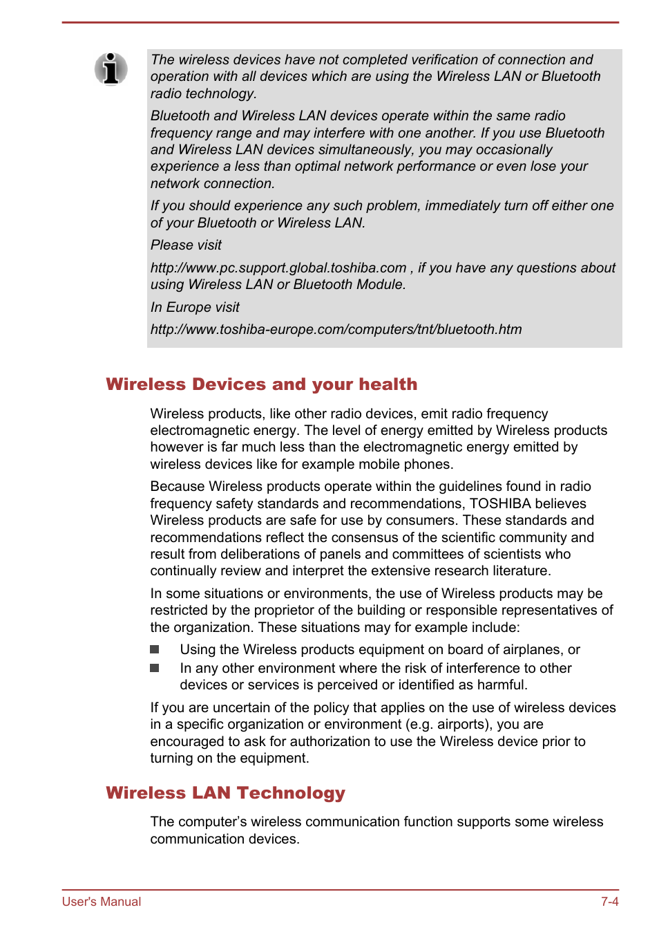 Wireless devices and your health, Wireless lan technology | Toshiba WT8-B User Manual | Page 83 / 94