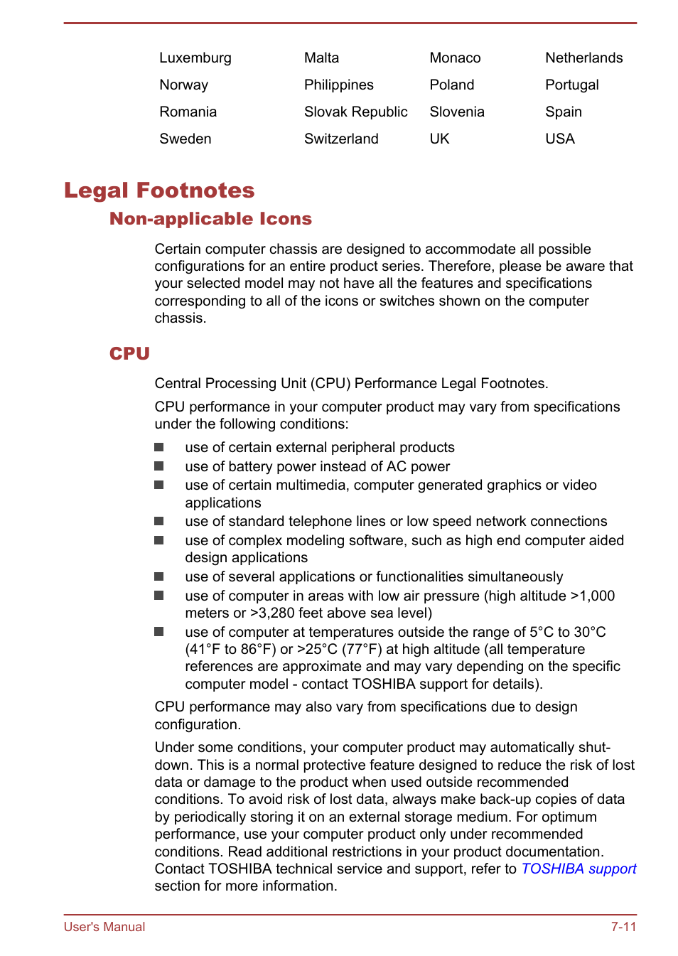 Legal footnotes, Non-applicable icons, Legal footnotes -11 | Legal, Footnotes, Section | Toshiba WT8-B User Manual | Page 90 / 94