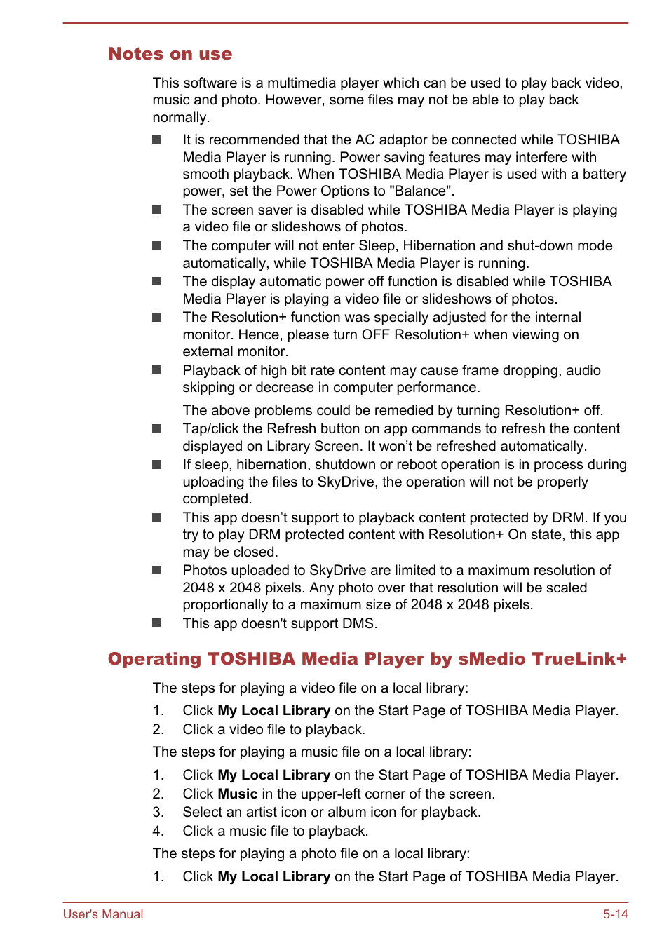 Notes on use, Operating toshiba media player by smedio truelink | Toshiba Satellite L50T-A User Manual | Page 100 / 142