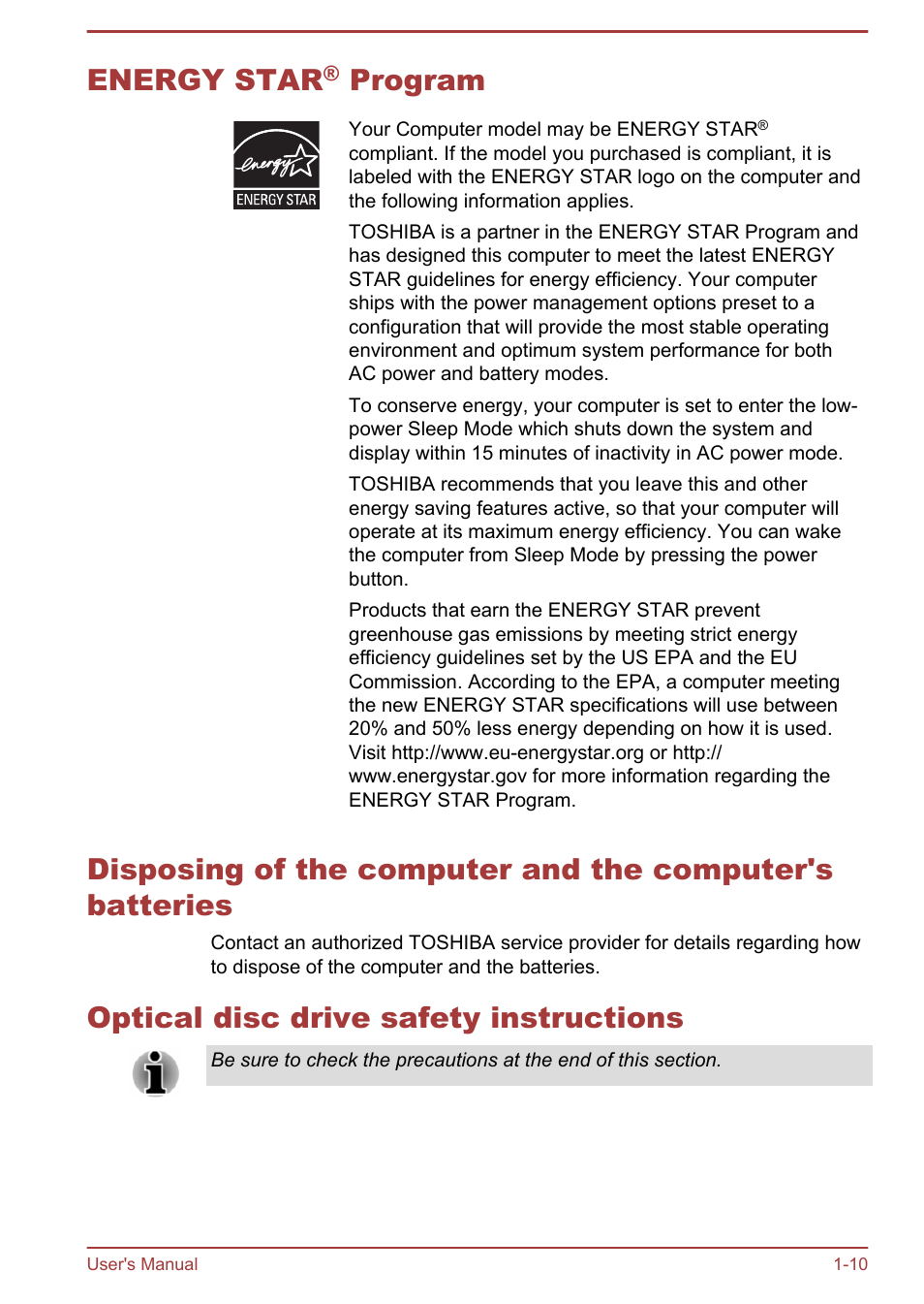 Energy star® program, Optical disc drive safety instructions, Energy star | Program | Toshiba Satellite L50T-A User Manual | Page 13 / 142