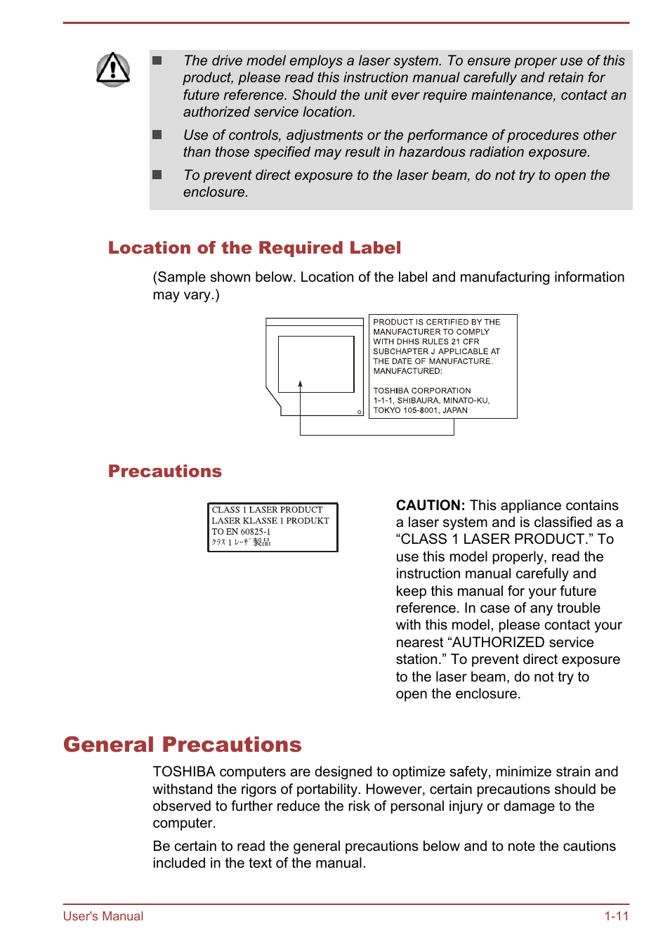 Location of the required label, Precautions, General precautions | General precautions -11 | Toshiba Satellite L50T-A User Manual | Page 14 / 142