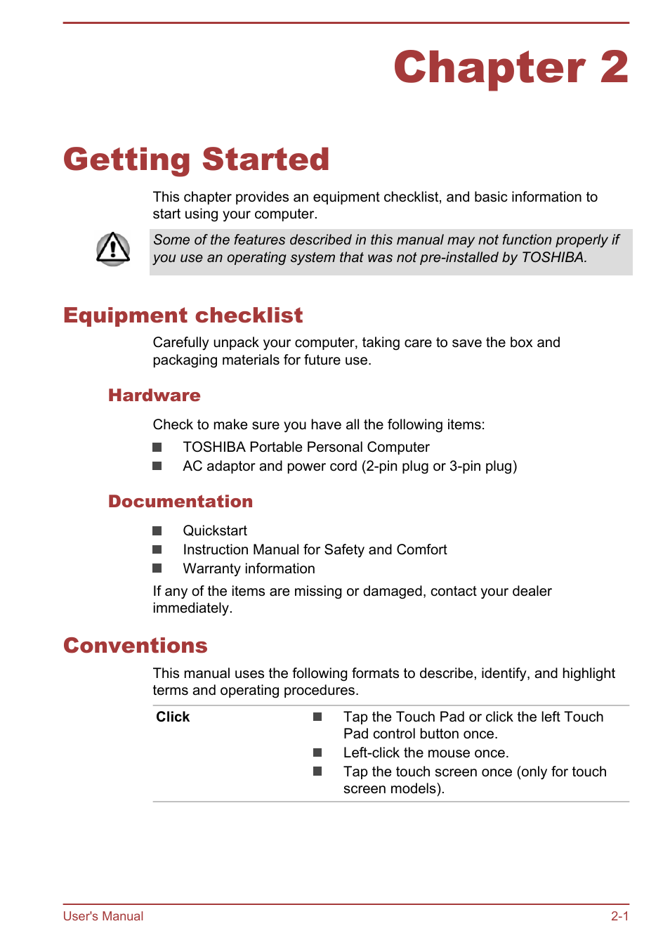 Chapter 2 getting started, Equipment checklist, Hardware | Documentation, Conventions, Chapter 2, Getting started, Equipment checklist -1 conventions -1 | Toshiba Satellite L50T-A User Manual | Page 18 / 142