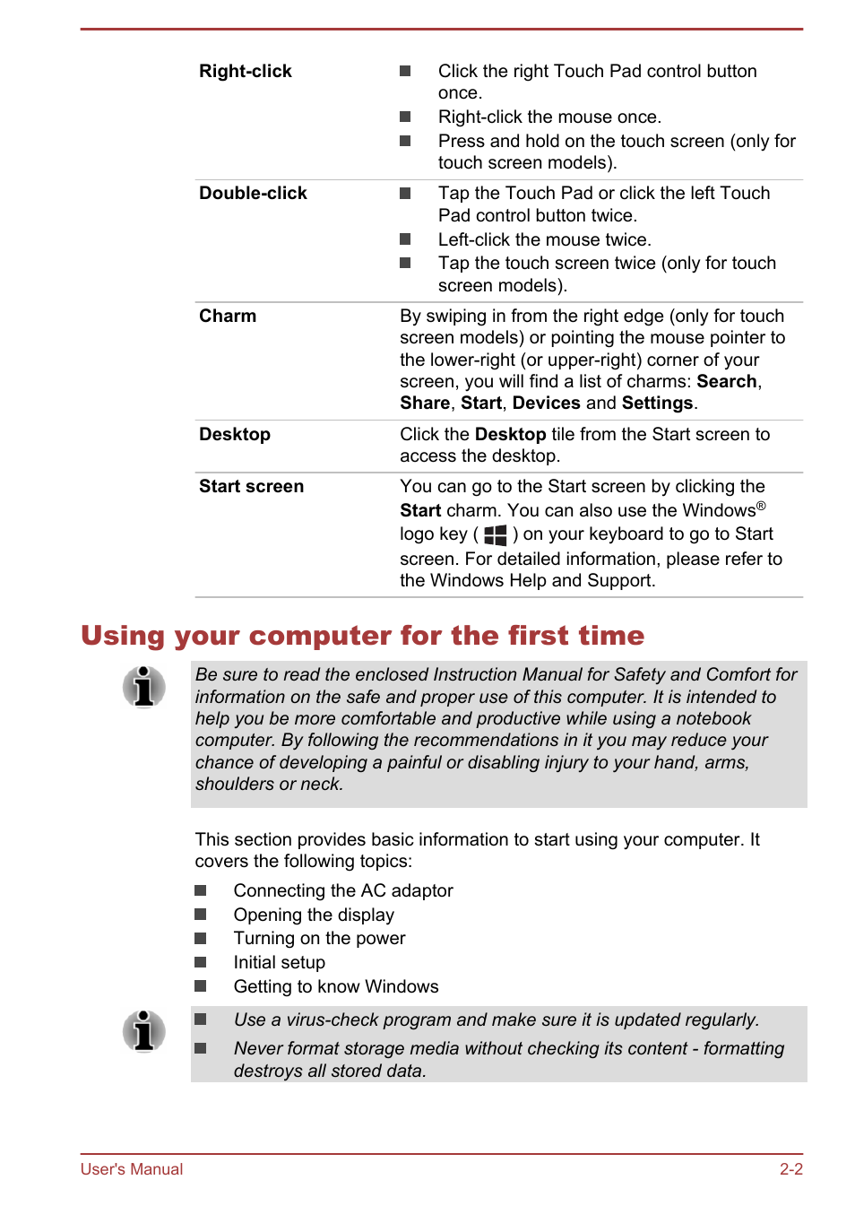 Using your computer for the first time, Using your computer for the first time -2 | Toshiba Satellite L50T-A User Manual | Page 19 / 142