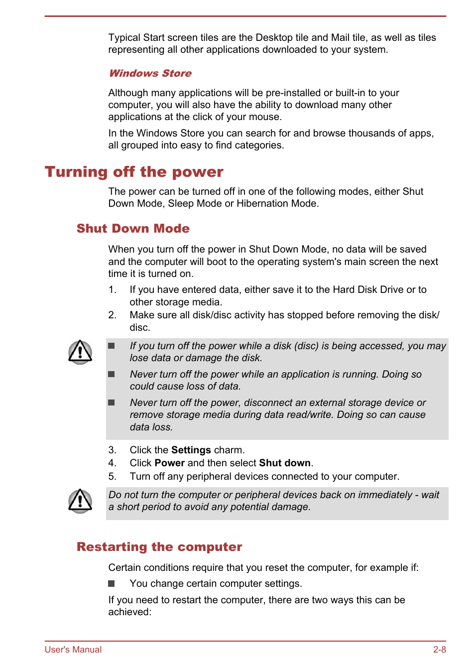 Turning off the power, Shut down mode, Restarting the computer | Turning off the power -8 | Toshiba Satellite L50T-A User Manual | Page 25 / 142