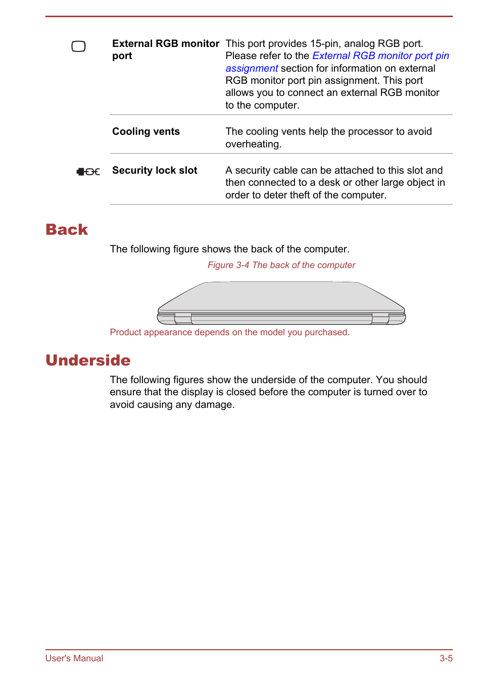 Back, Underside, Back -5 underside -5 | Toshiba Satellite L50T-A User Manual | Page 34 / 142