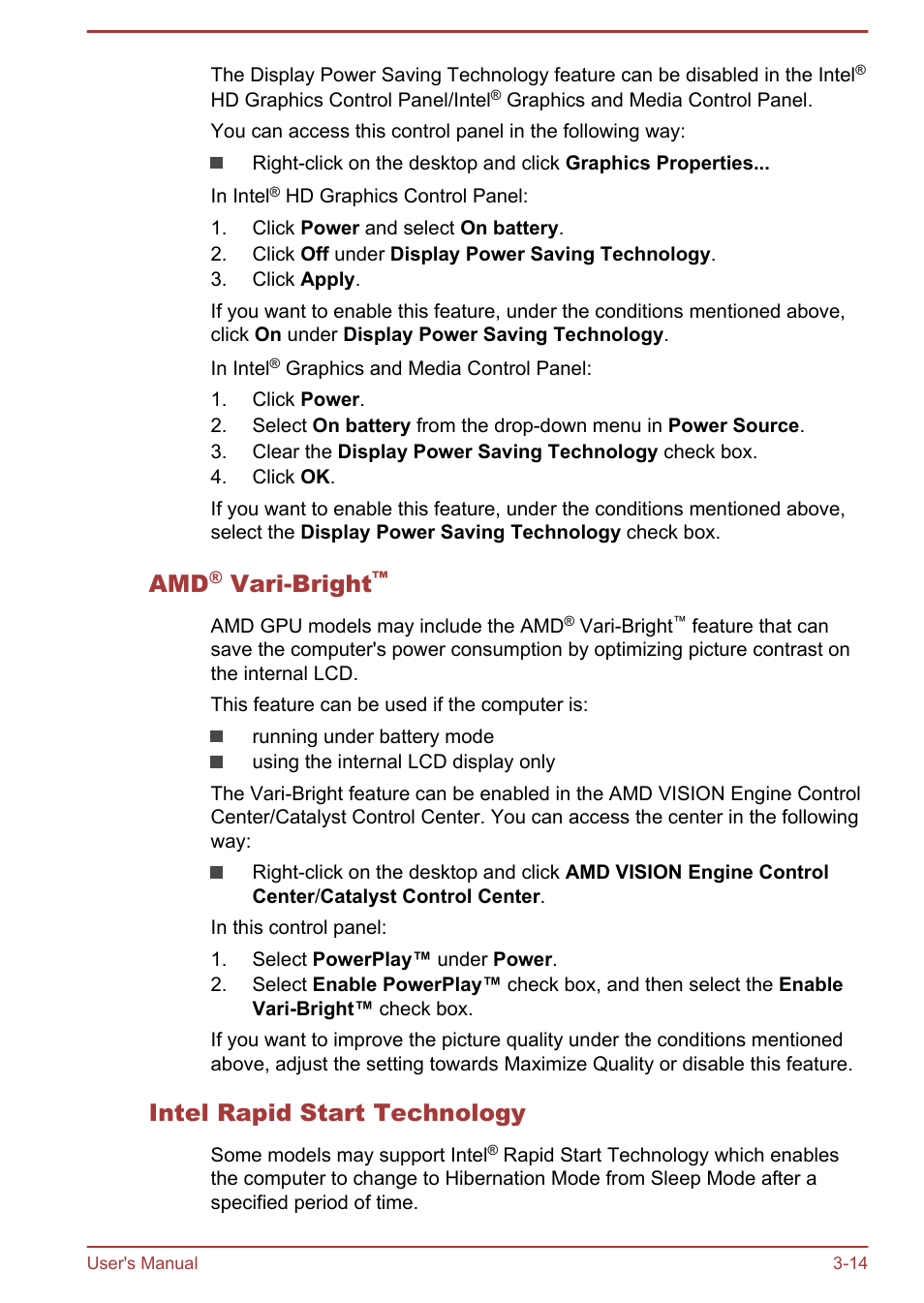 Amd® vari-bright, Intel rapid start technology, Vari-bright | Toshiba Satellite L50T-A User Manual | Page 43 / 142