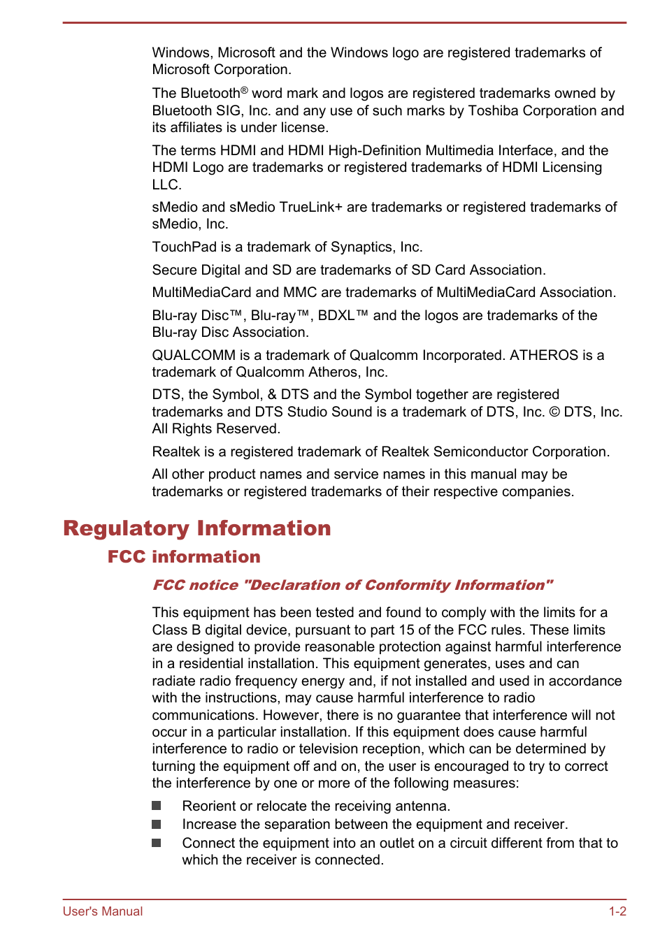 Regulatory information, Fcc information, Regulatory information -2 | Toshiba Satellite L50T-A User Manual | Page 5 / 142