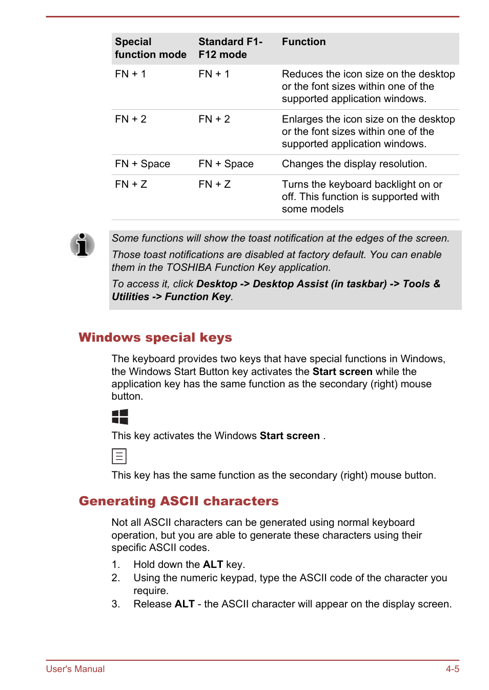 Windows special keys, Generating ascii characters | Toshiba Satellite L50T-A User Manual | Page 51 / 142