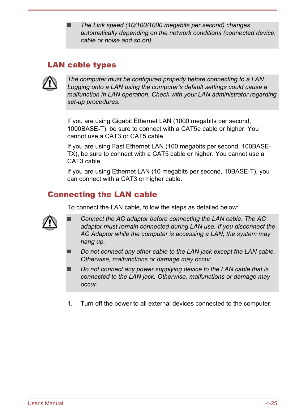 Lan cable types, Connecting the lan cable | Toshiba Satellite L50T-A User Manual | Page 71 / 142