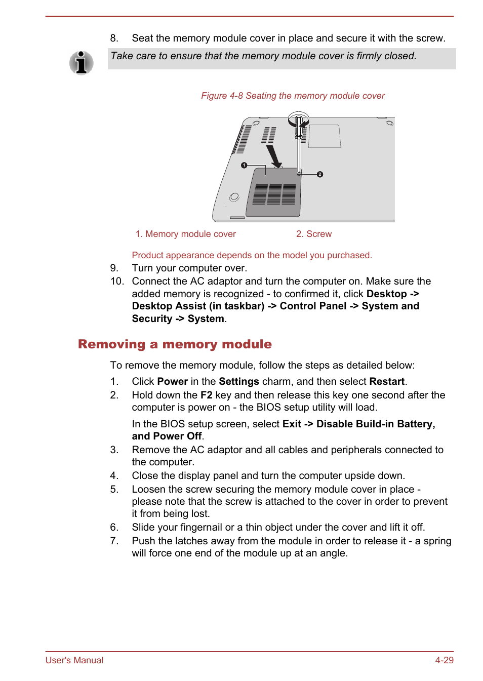 Removing a memory module | Toshiba Satellite L50T-A User Manual | Page 75 / 142