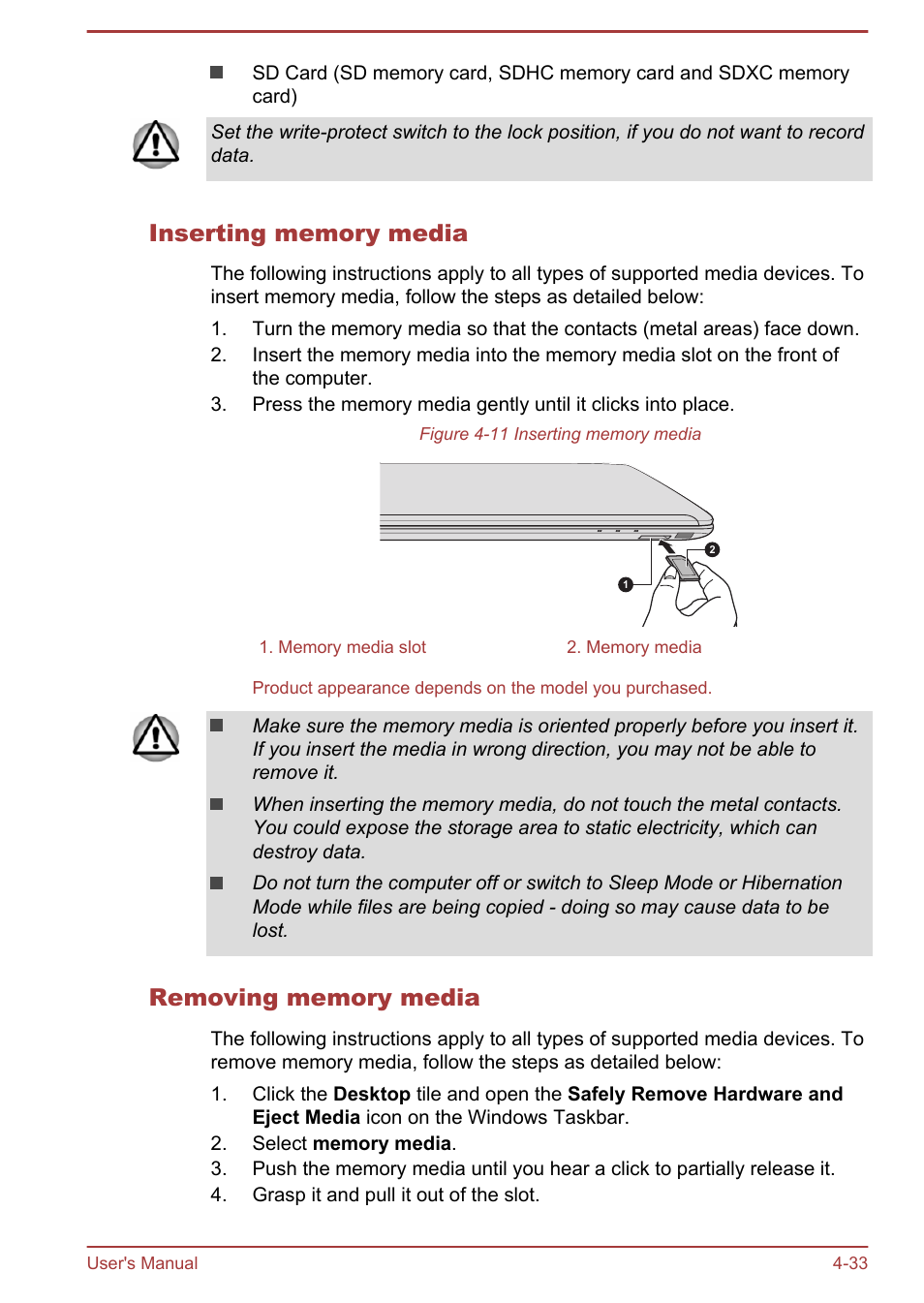 Inserting memory media, Removing memory media | Toshiba Satellite L50T-A User Manual | Page 79 / 142