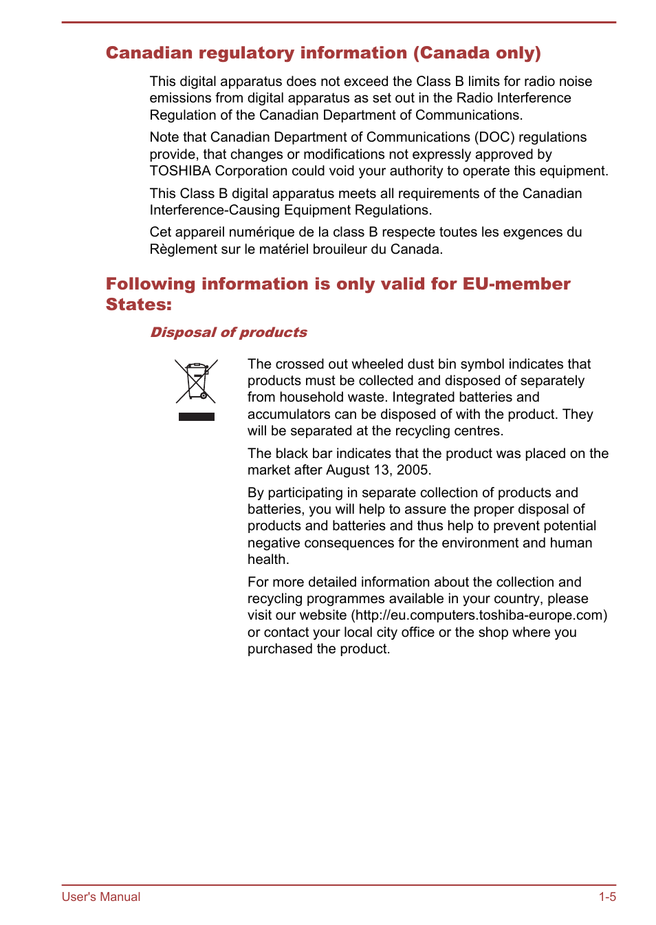 Canadian regulatory information (canada only) | Toshiba Satellite L50T-A User Manual | Page 8 / 142