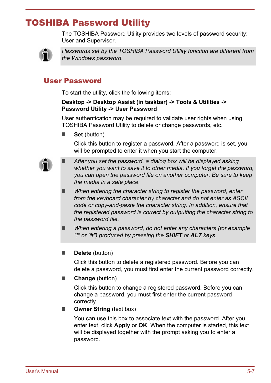 Toshiba password utility, User password, Toshiba password utility -7 | Toshiba Satellite L50T-A User Manual | Page 93 / 142