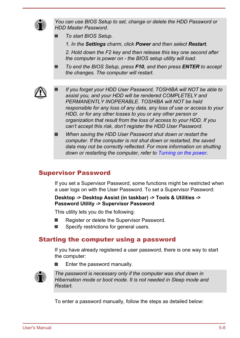 Supervisor password, Starting the computer using a password | Toshiba Satellite L50T-A User Manual | Page 94 / 142