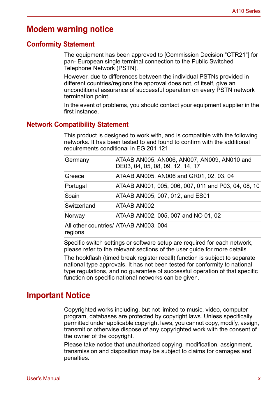 Modem warning notice, Important notice, Conformity statement | Network compatibility statement | Toshiba Satellite A110 (PSAB0) User Manual | Page 10 / 158