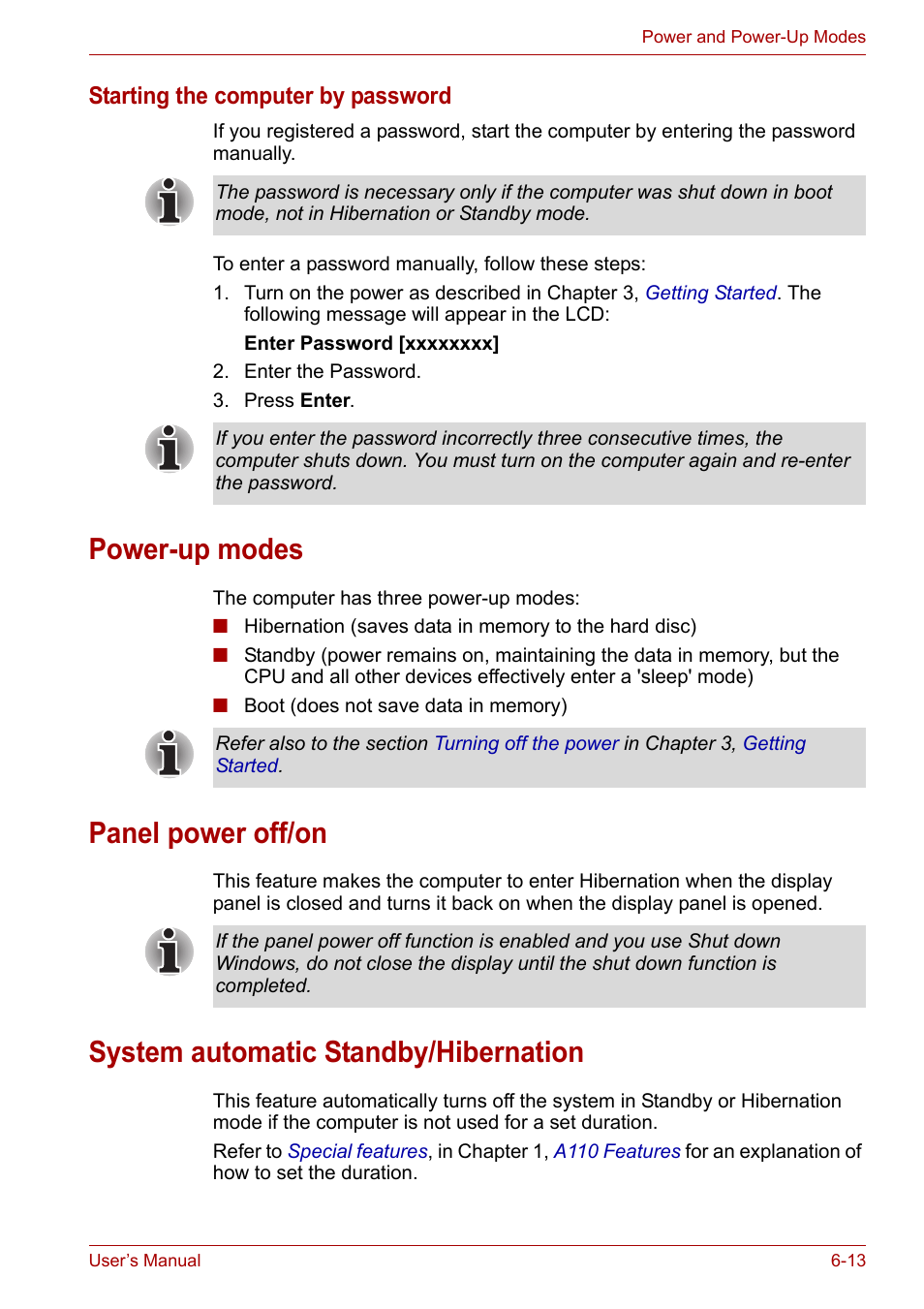 Power-up modes, Panel power off/on, System automatic standby/hibernation | Toshiba Satellite A110 (PSAB0) User Manual | Page 100 / 158