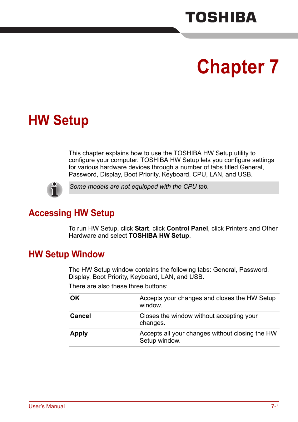 Chapter 7: hw setup, Accessing hw setup, Hw setup window | Chapter 7, Hw setup, Accessing hw setup -1 hw setup window -1, Introd | Toshiba Satellite A110 (PSAB0) User Manual | Page 101 / 158