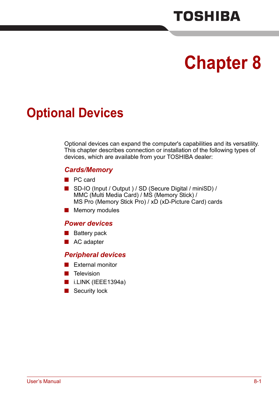 Chapter 8: optional devices, Chapter 8, Optional devices | Optional, Devices | Toshiba Satellite A110 (PSAB0) User Manual | Page 105 / 158