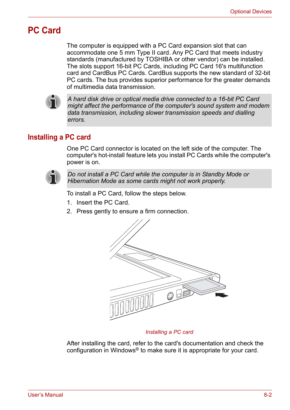 Pc card, Pc card -2, Installing a pc card | Toshiba Satellite A110 (PSAB0) User Manual | Page 106 / 158