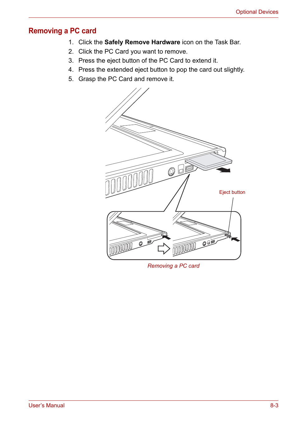 Removing a pc card | Toshiba Satellite A110 (PSAB0) User Manual | Page 107 / 158