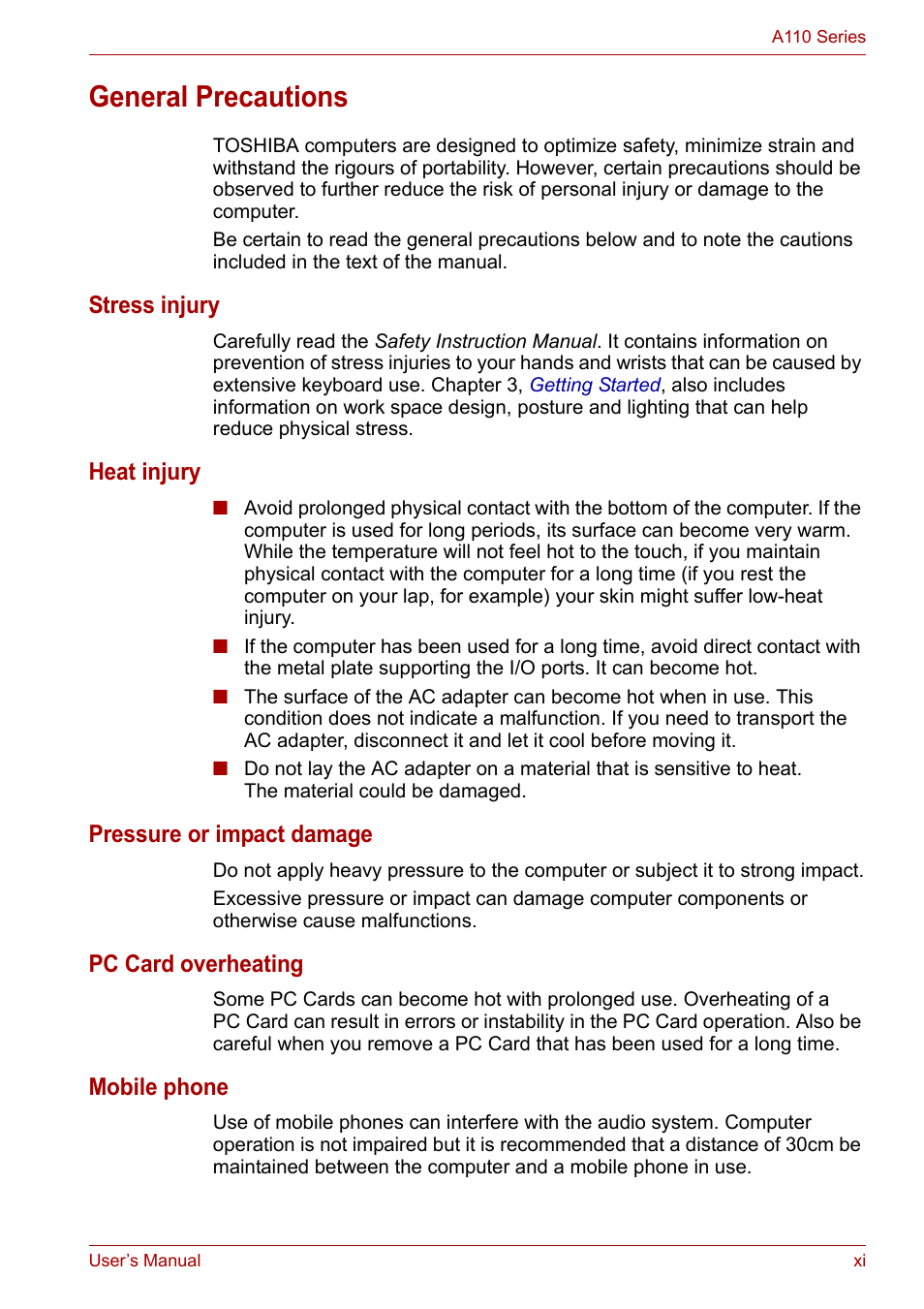 General precautions, Stress injury, Heat injury | Pressure or impact damage, Pc card overheating, Mobile phone | Toshiba Satellite A110 (PSAB0) User Manual | Page 11 / 158