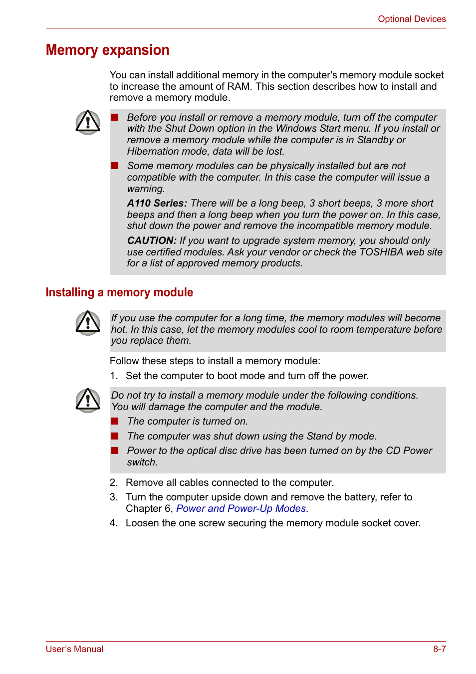 Memory expansion, Memory expansion -7 | Toshiba Satellite A110 (PSAB0) User Manual | Page 111 / 158