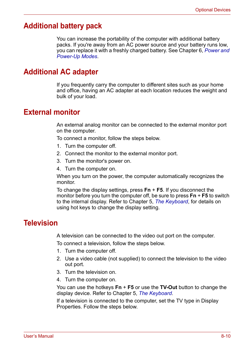 Additional battery pack, Additional ac adapter, External monitor | Television | Toshiba Satellite A110 (PSAB0) User Manual | Page 114 / 158