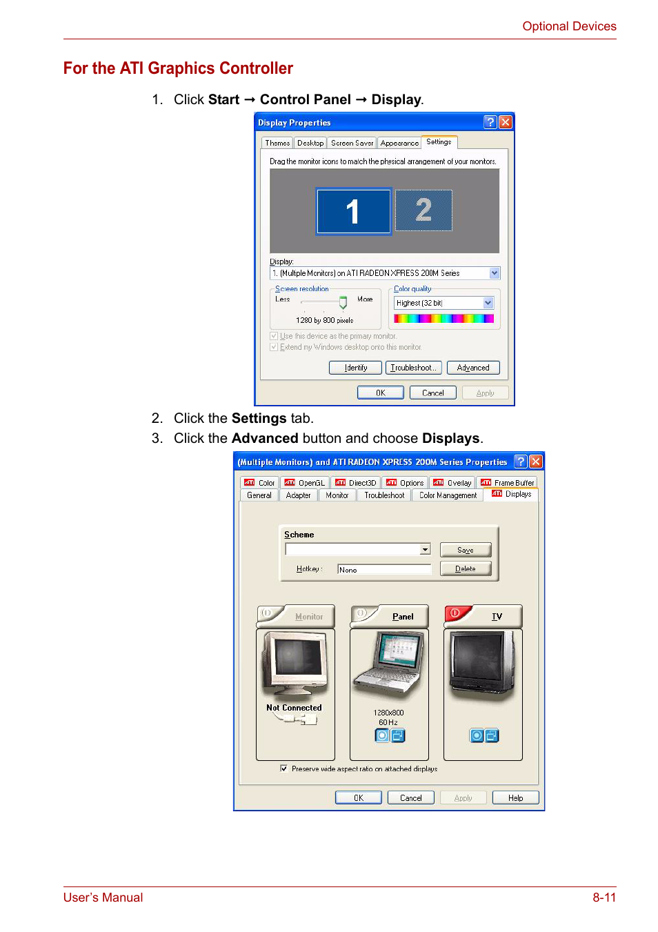 For the ati graphics controller | Toshiba Satellite A110 (PSAB0) User Manual | Page 115 / 158