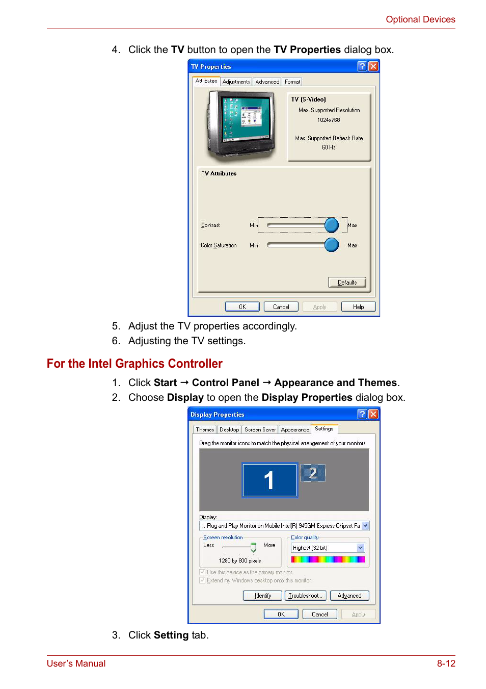 For the intel graphics controller | Toshiba Satellite A110 (PSAB0) User Manual | Page 116 / 158