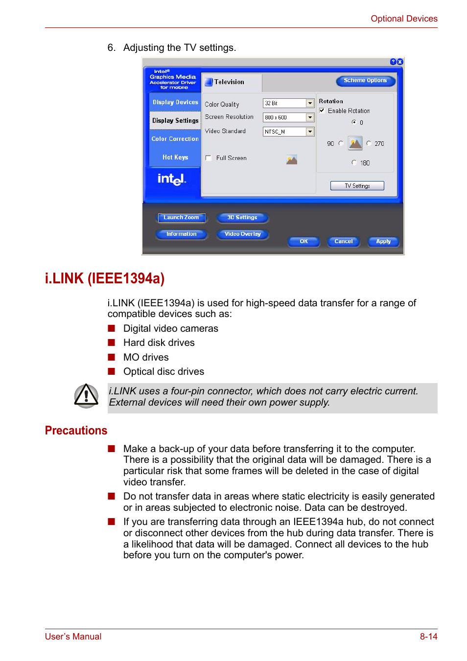 I.link (ieee1394a), I.link (ieee1394a) -14, Precautions | Toshiba Satellite A110 (PSAB0) User Manual | Page 118 / 158