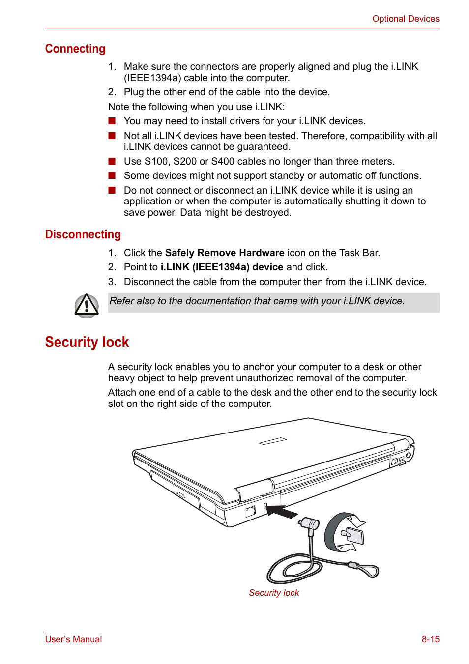 Security lock, Security lock -15, Connecting | Disconnecting | Toshiba Satellite A110 (PSAB0) User Manual | Page 119 / 158