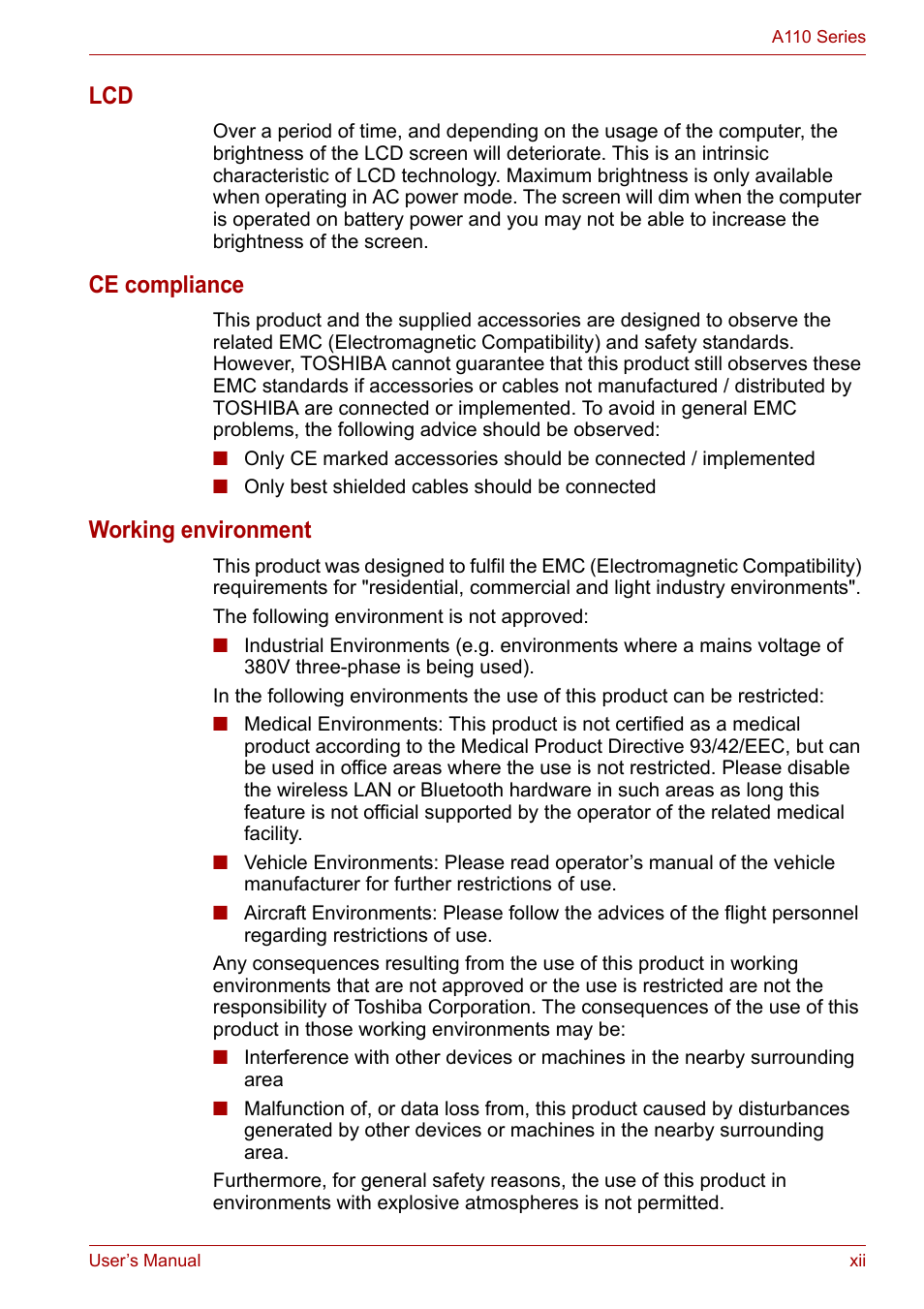 Ce compliance, Working environment | Toshiba Satellite A110 (PSAB0) User Manual | Page 12 / 158