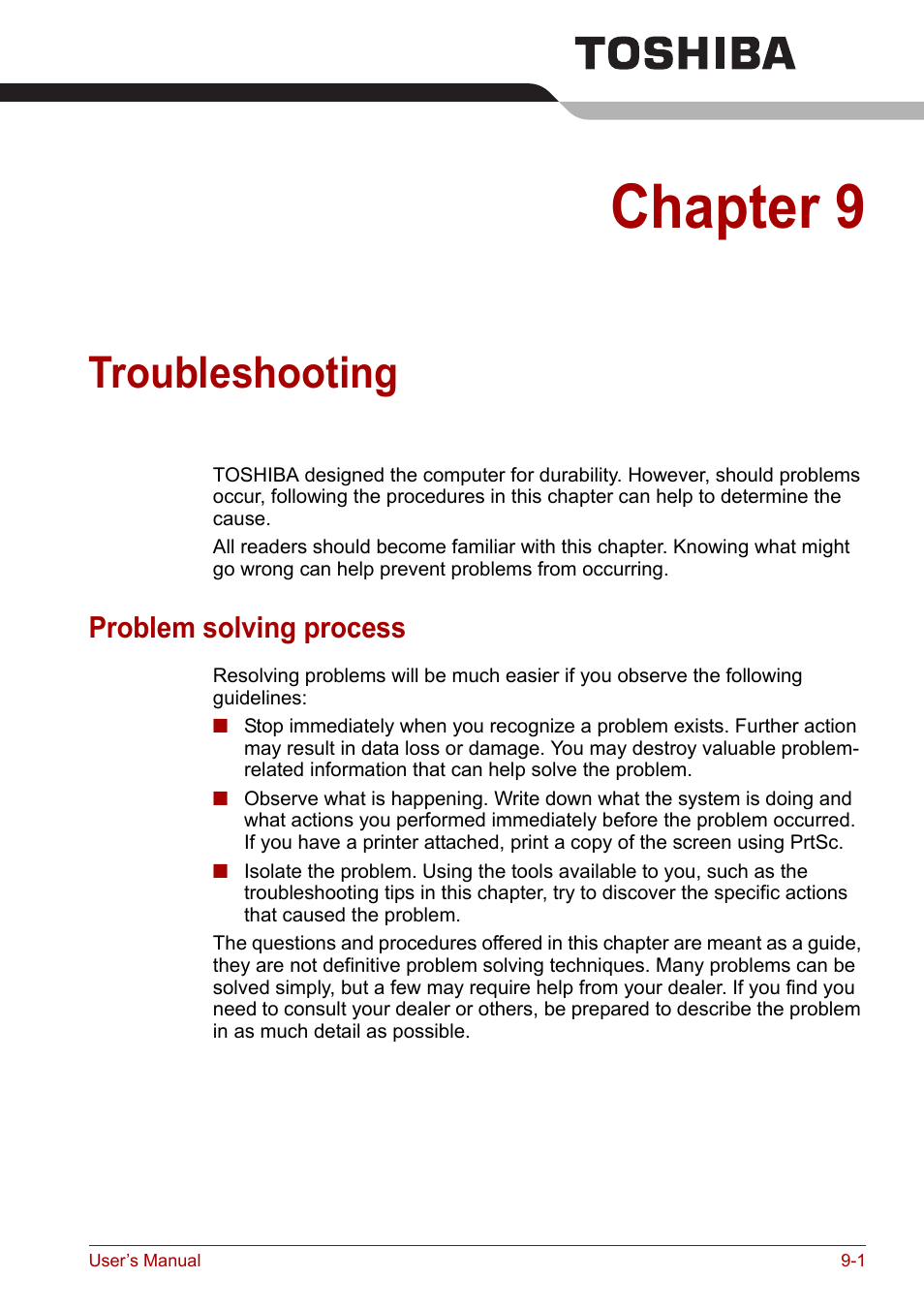 Chapter 9: troubleshooting, Problem solving process, Chapter 9 | Troubleshooting, Problem solving process -1 | Toshiba Satellite A110 (PSAB0) User Manual | Page 120 / 158