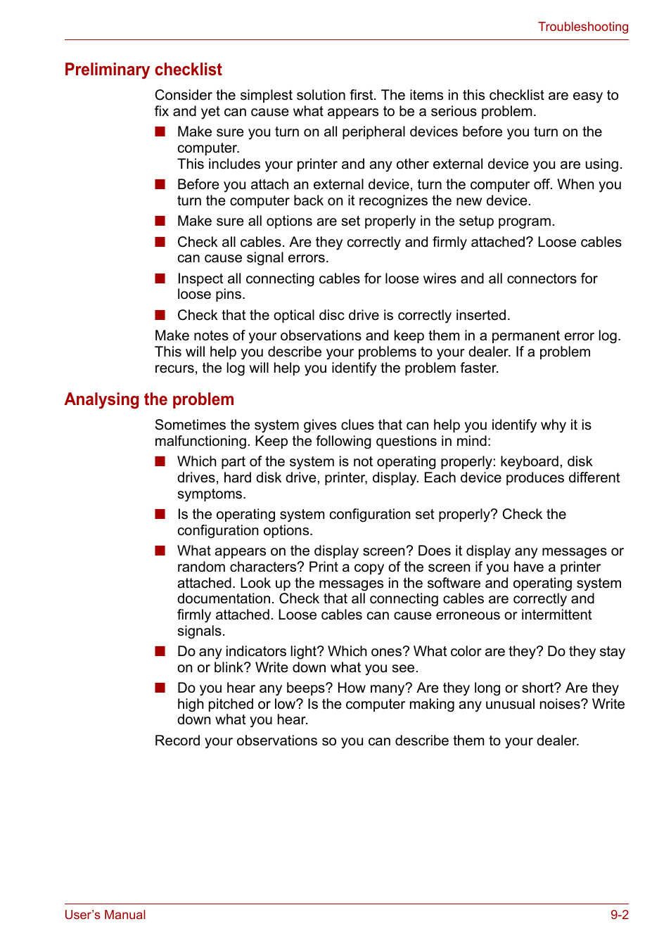 Preliminary checklist, Analysing the problem | Toshiba Satellite A110 (PSAB0) User Manual | Page 121 / 158