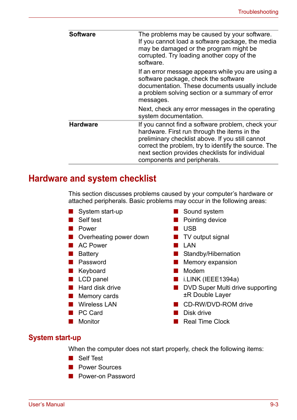 Hardware and system checklist, Hardware and system checklist -3, System start-up | Toshiba Satellite A110 (PSAB0) User Manual | Page 122 / 158