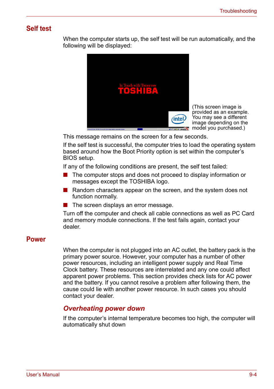 Self test, Power | Toshiba Satellite A110 (PSAB0) User Manual | Page 123 / 158