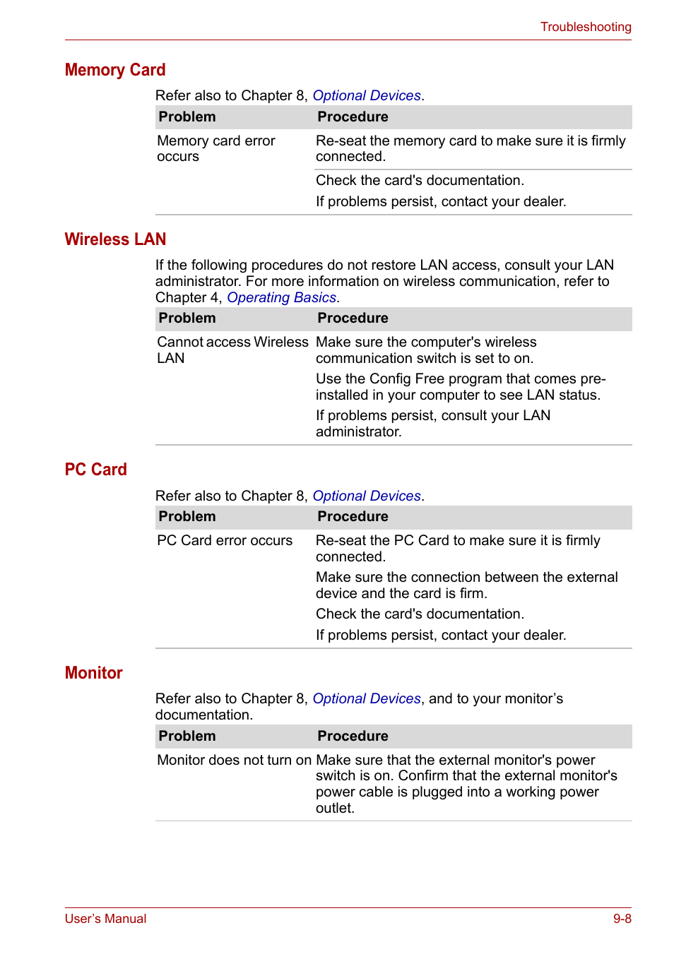 Wireless lan, Pc card, Monitor | Toshiba Satellite A110 (PSAB0) User Manual | Page 127 / 158