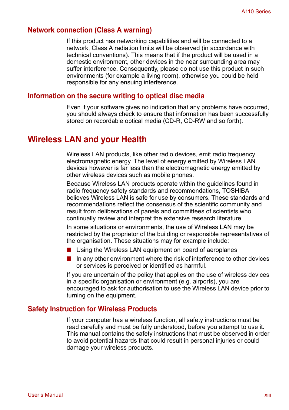 Wireless lan and your health, Network connection (class a warning), Safety instruction for wireless products | Toshiba Satellite A110 (PSAB0) User Manual | Page 13 / 158