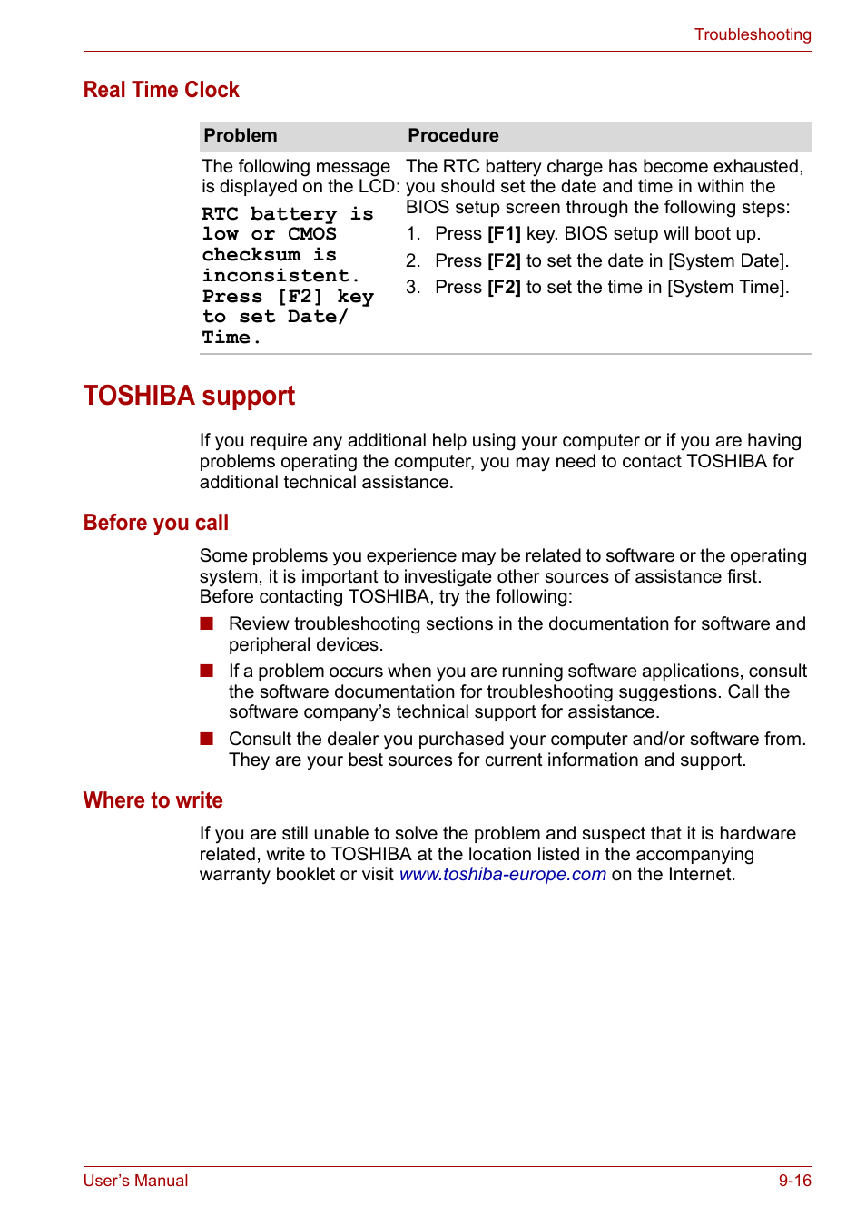 Toshiba support, Toshiba support -16 | Toshiba Satellite A110 (PSAB0) User Manual | Page 135 / 158