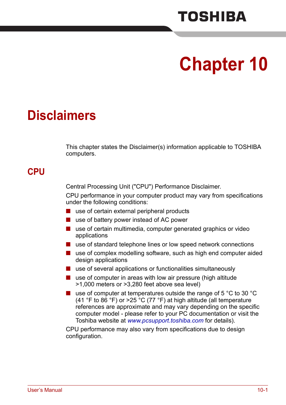 Chapter 10: disclaimers, Chapter 10, Disclaimers | Cpu -1 | Toshiba Satellite A110 (PSAB0) User Manual | Page 136 / 158