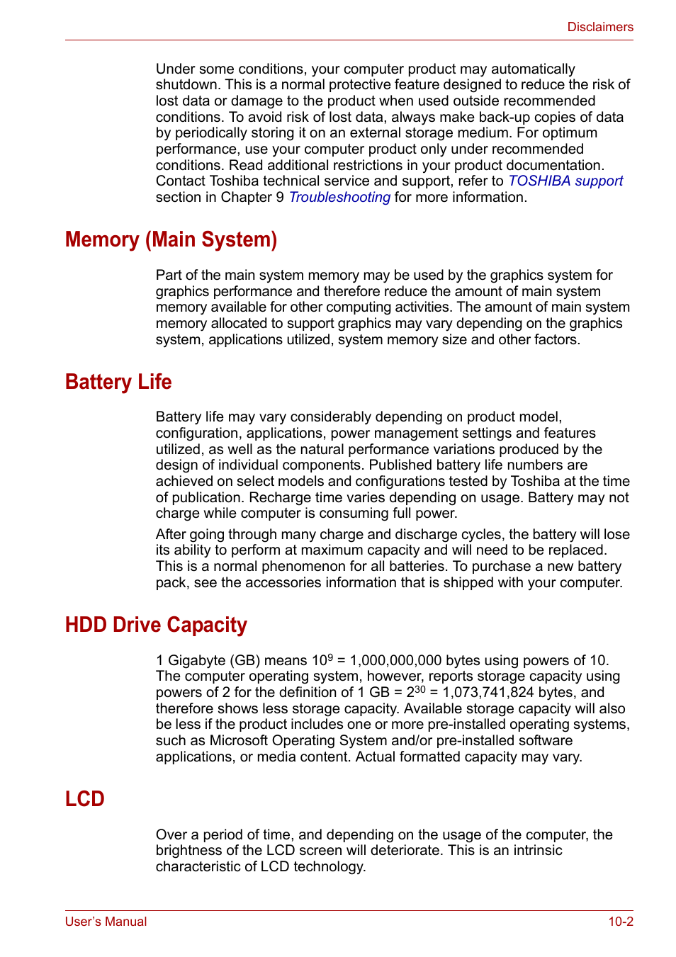 Memory (main system), Battery life, Hdd drive capacity | Toshiba Satellite A110 (PSAB0) User Manual | Page 137 / 158